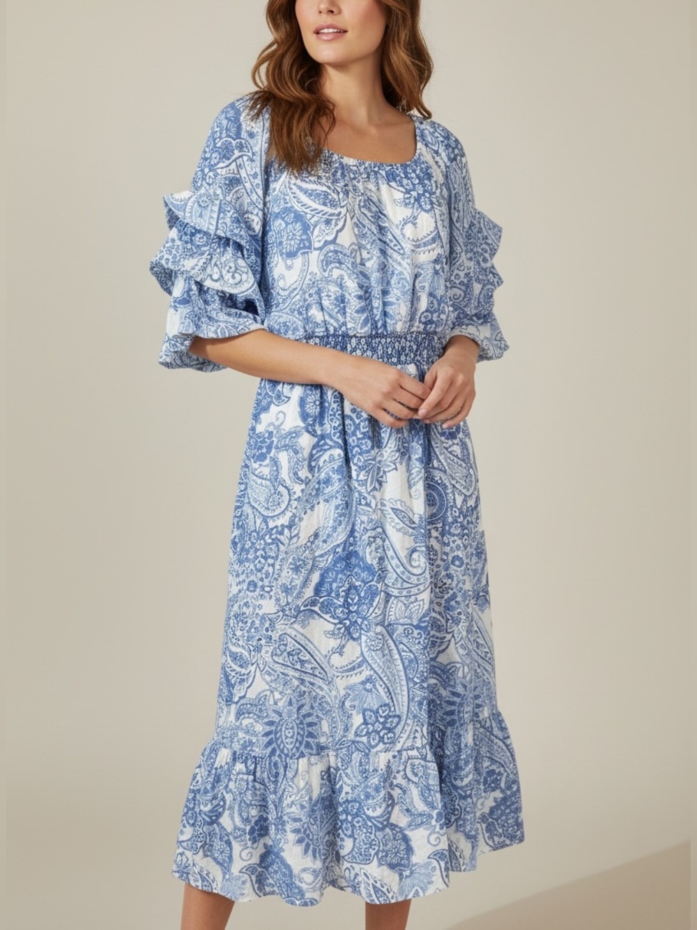 Indigo Rose Paisley Midi Dress M Blue Ruffle Sleeve Smocked Boho